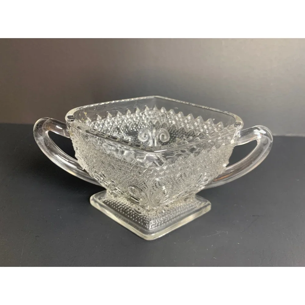 Vintage Clear Pressed Glass Sugar Bowl Diamond Point Floral Scroll Double Handle